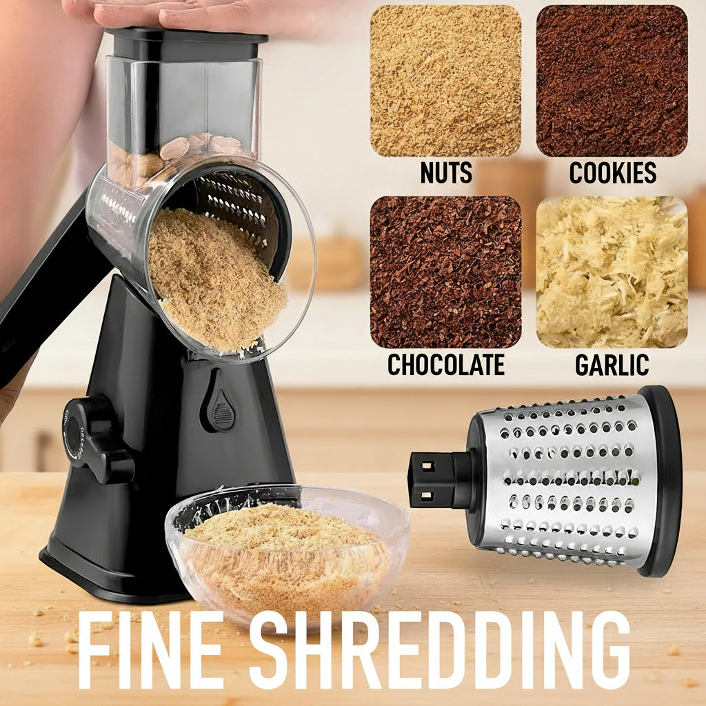 Grater with different food textures and text labels on a white background