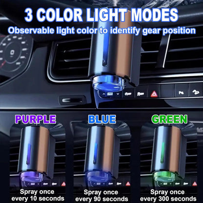 Car air freshener with three color light modes displayed on a car dashboard.