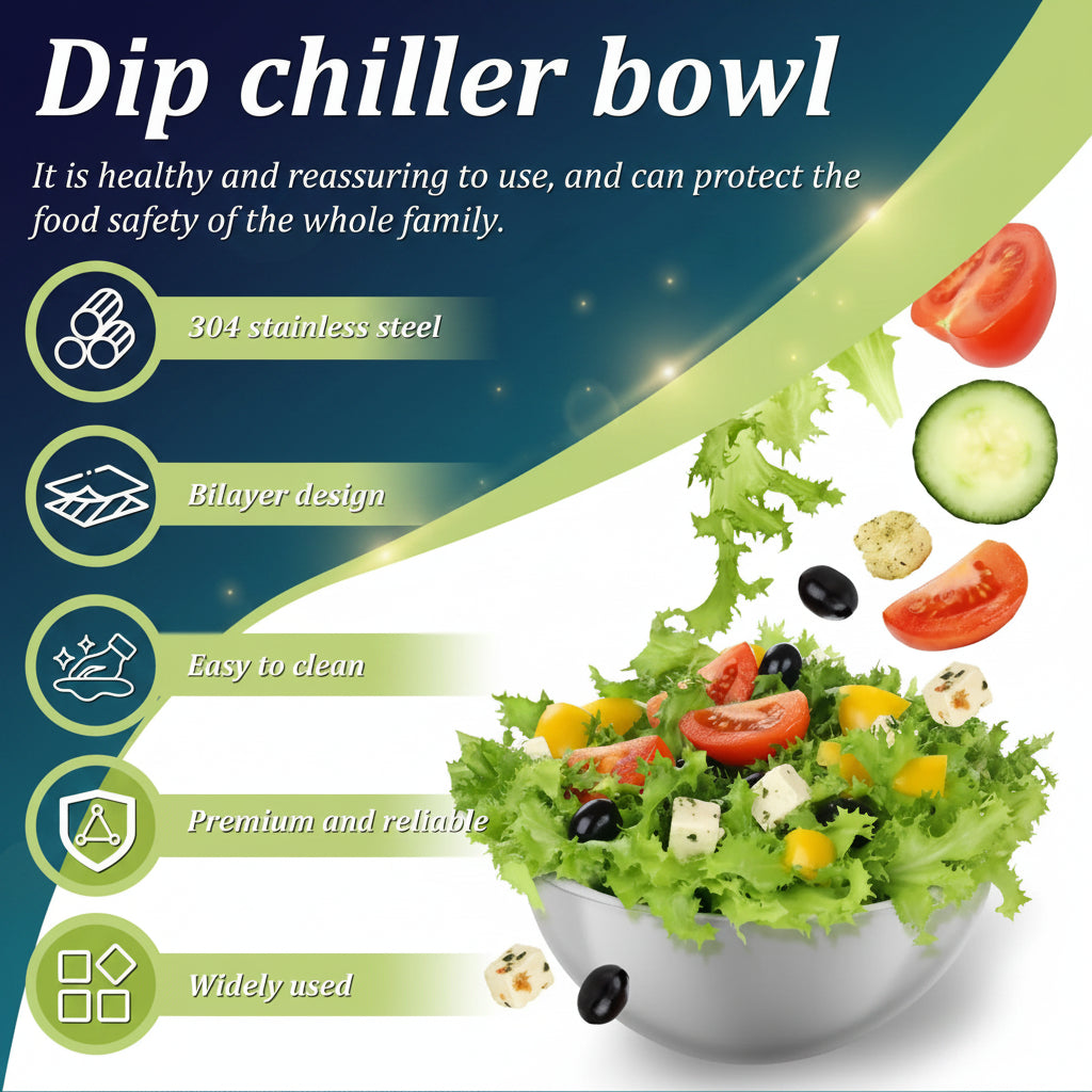 Dip chiller bowl with salad ingredients and feature points on a green background
