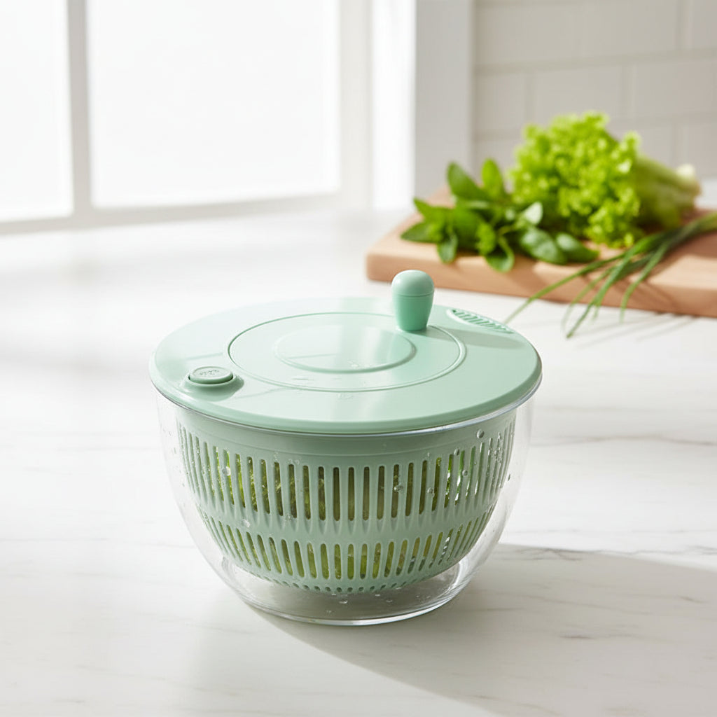 Mint green salad spinner on a white background
