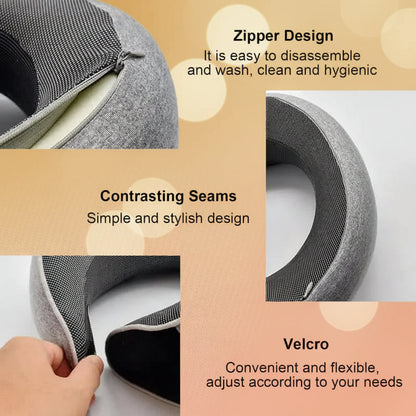 Neck pillow with zipper design, contrasting seams, and Velcro features on a white background.