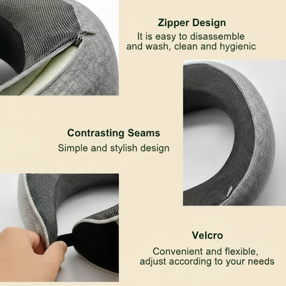 Gray neck pillow with zipper design, contrasting seams, and velcro feature on a beige background.
