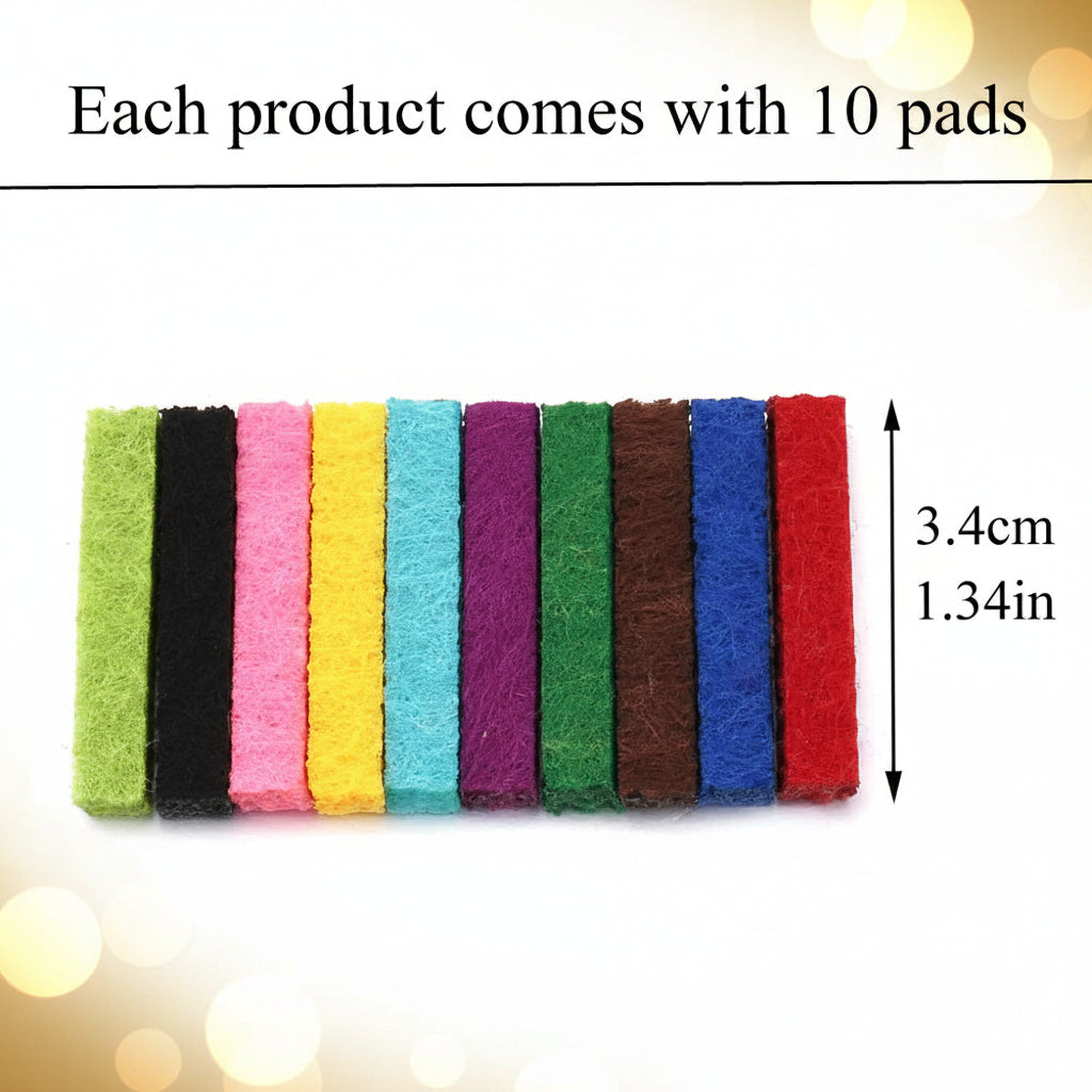 Set of 10 colorful pads with dimensions indicated on a white background