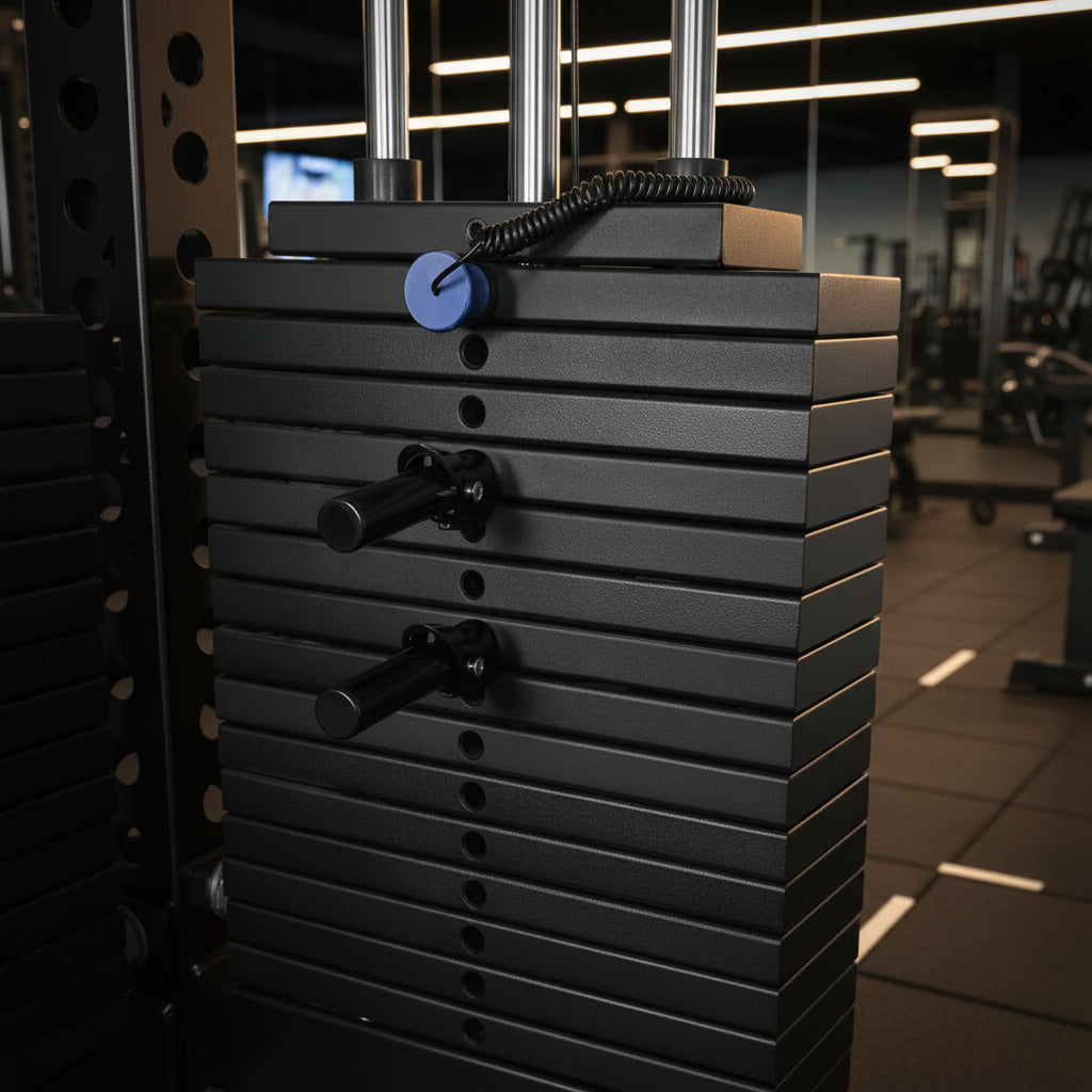 Stack of weight plates with a blue weight disc on top, attached to a weight rack.