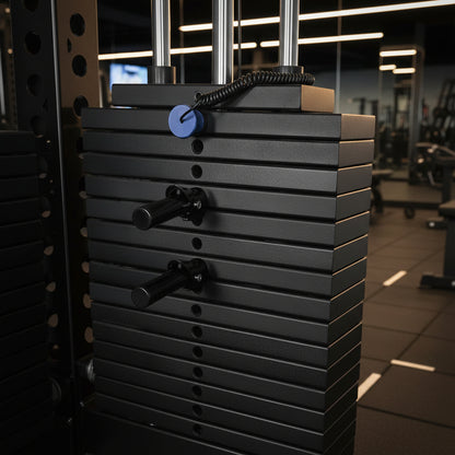 Stack of weight plates with a blue weight disc on top, attached to a weight rack.