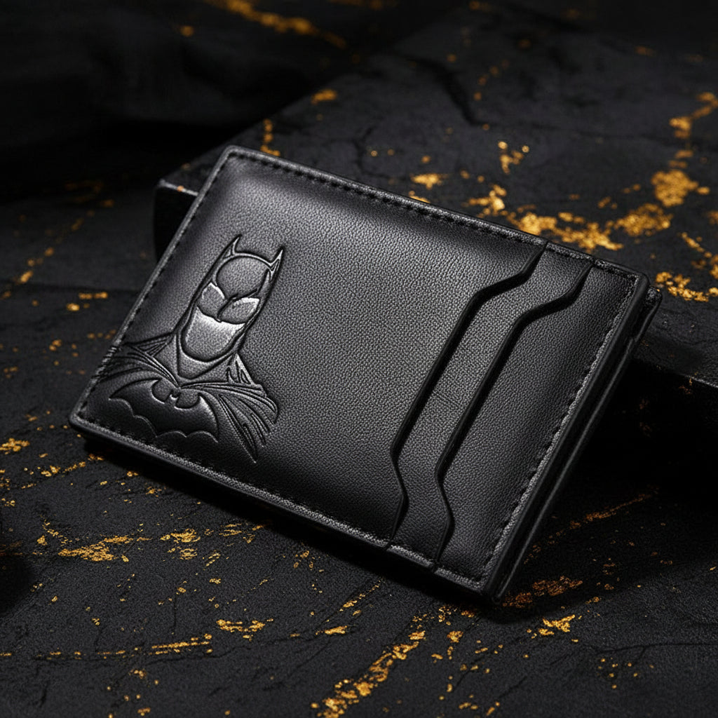 Black wallet with Batman logo on a white background