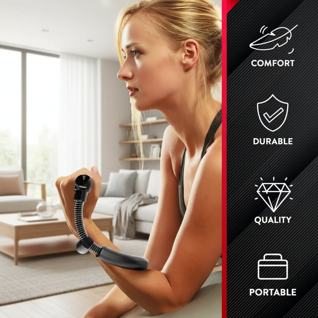 Woman using a fitness tracker with attributes listed on the right.