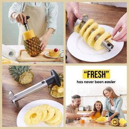 Collage of images showing a pineapple being sliced with a tool, labeled 'Fresh has never been easier'.