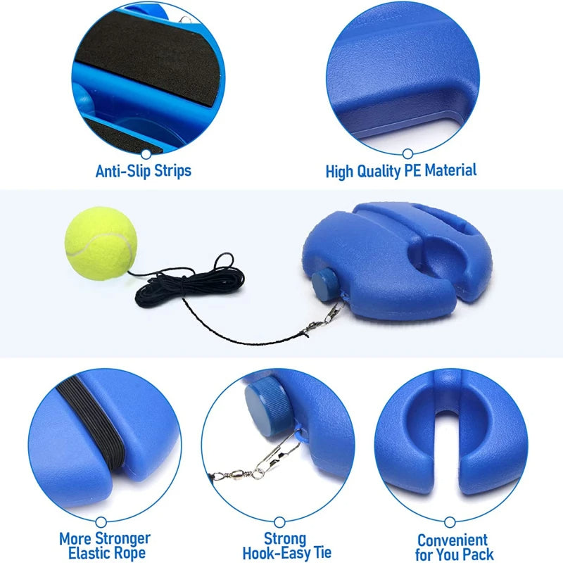Blue tennis training device with features highlighted on a white background