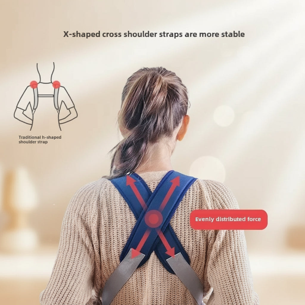 Person wearing a back brace with X-shaped cross shoulder straps on a white background