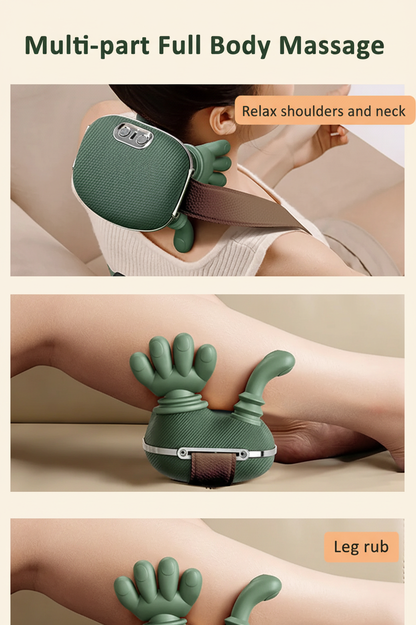 Green massage device being used on shoulders and legs with text indicating its use for full body massage.