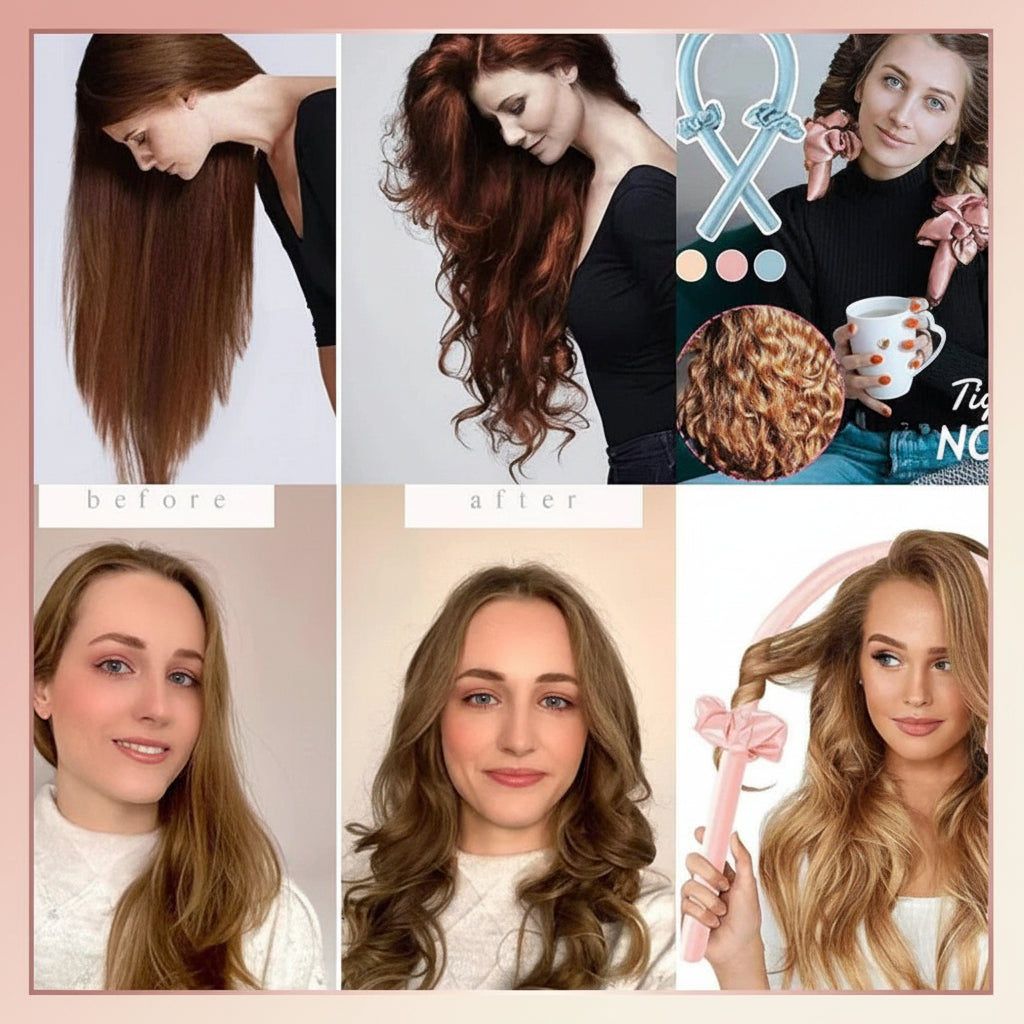 Before and after transformation of hair using a styling tool, with close-ups and product display.