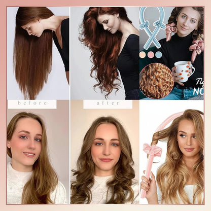 Before and after transformation of hair using a styling tool, with close-ups and product display.