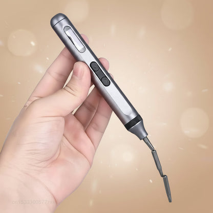 Hand holding a metallic tool with a magnetic head on a light gray background
