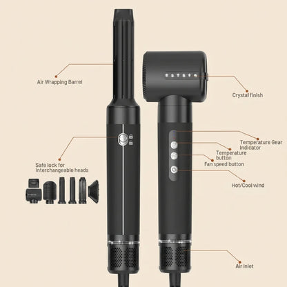 Black hair styling tool with interchangeable heads on a beige background
