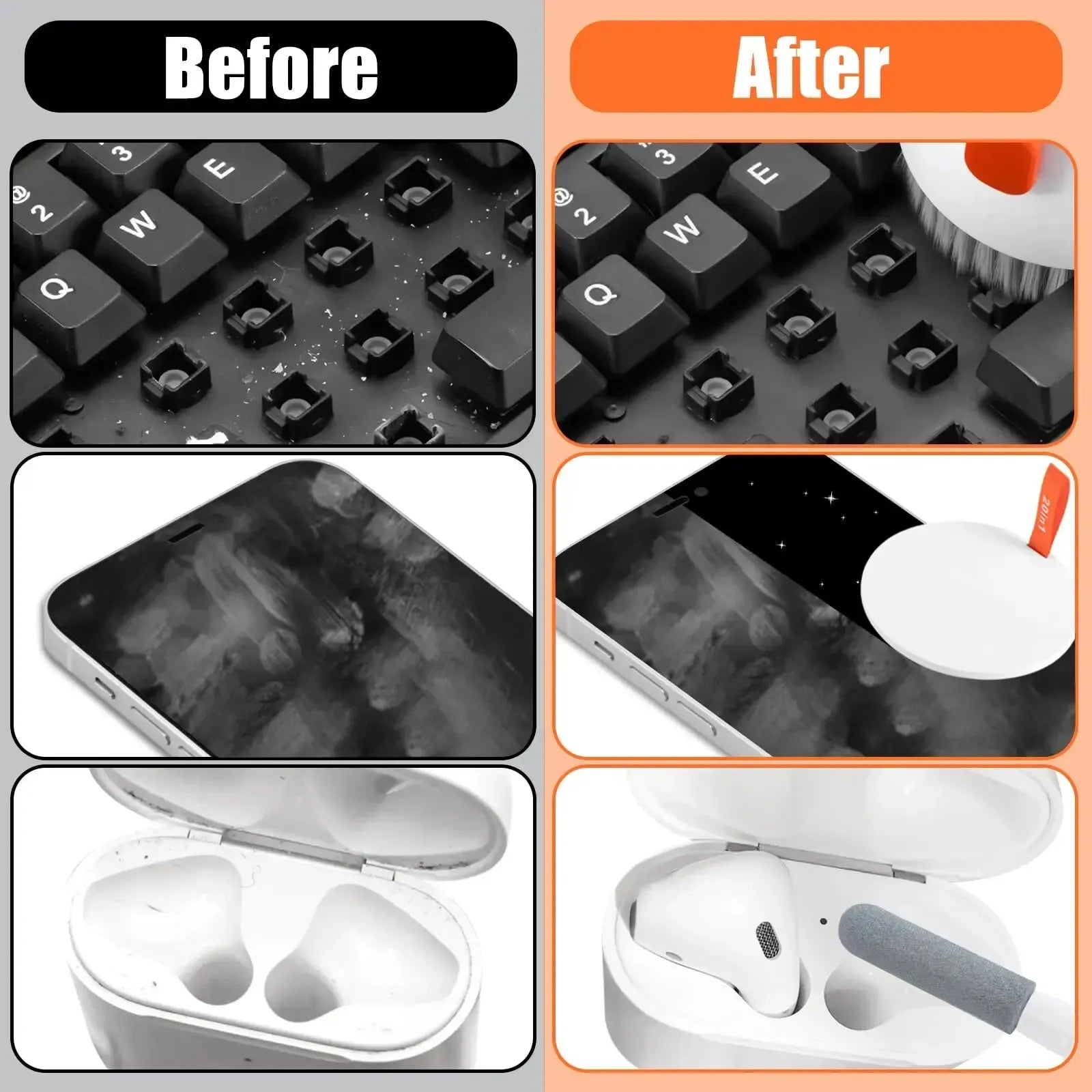 Before and after comparison of cleaning electronic devices with a brush and cleaning solution.