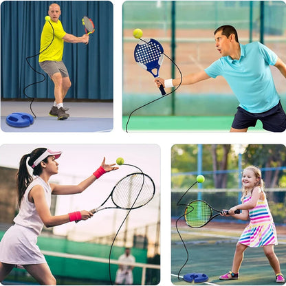 Four images showing people using tennis rackets on a court.