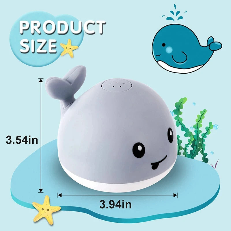 Whale-shaped toy with dimensions on a blue background