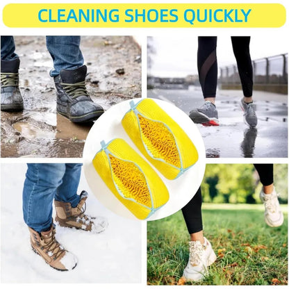Collage of people cleaning shoes with a product, labeled 'Cleaning Shoes Quickly'.