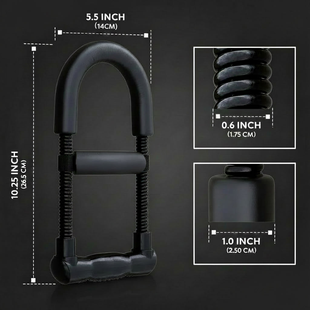 Black hand gripper with measurements on a white background