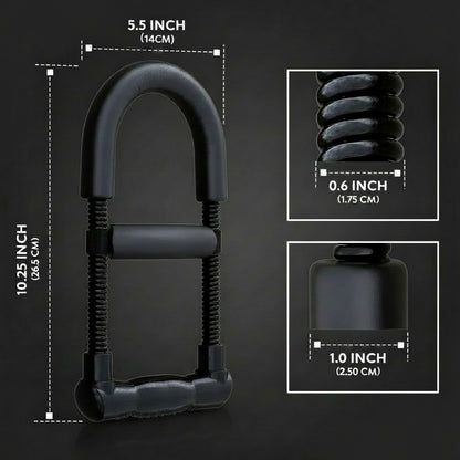Black hand gripper with measurements on a white background