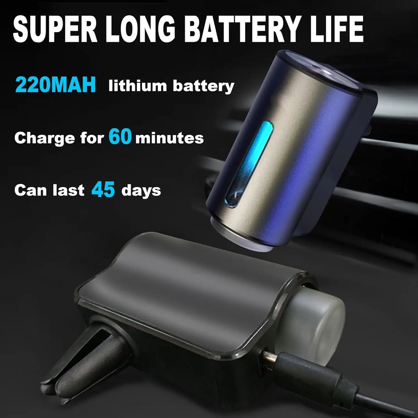Car air vent mount with 220mAh lithium battery and charging capabilities on a dark background.