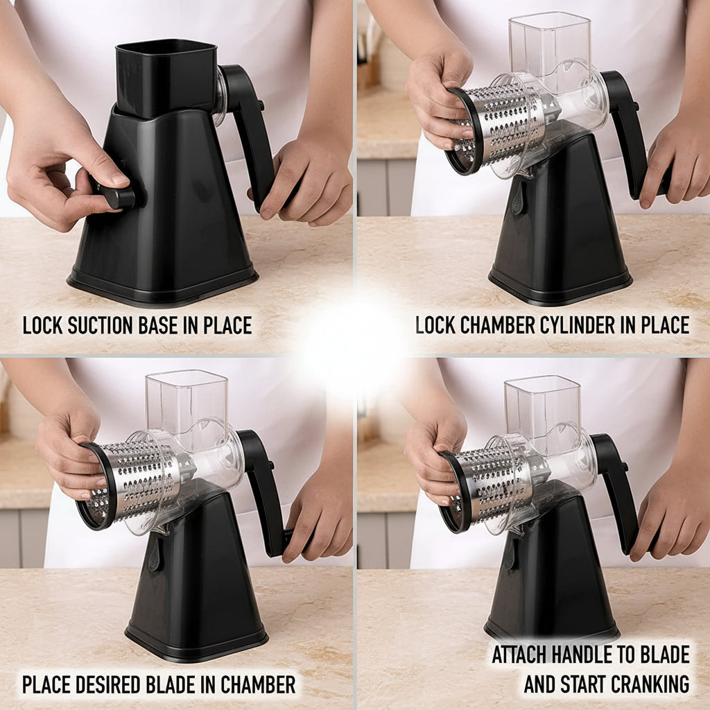 Step-by-step assembly of a black kitchen tool with text instructions on a white background