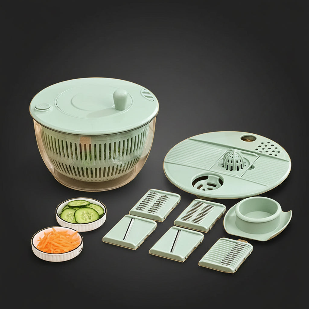 Vegetable chopper set with various attachments on a white background