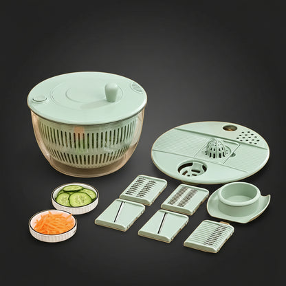 Vegetable chopper set with various attachments on a white background