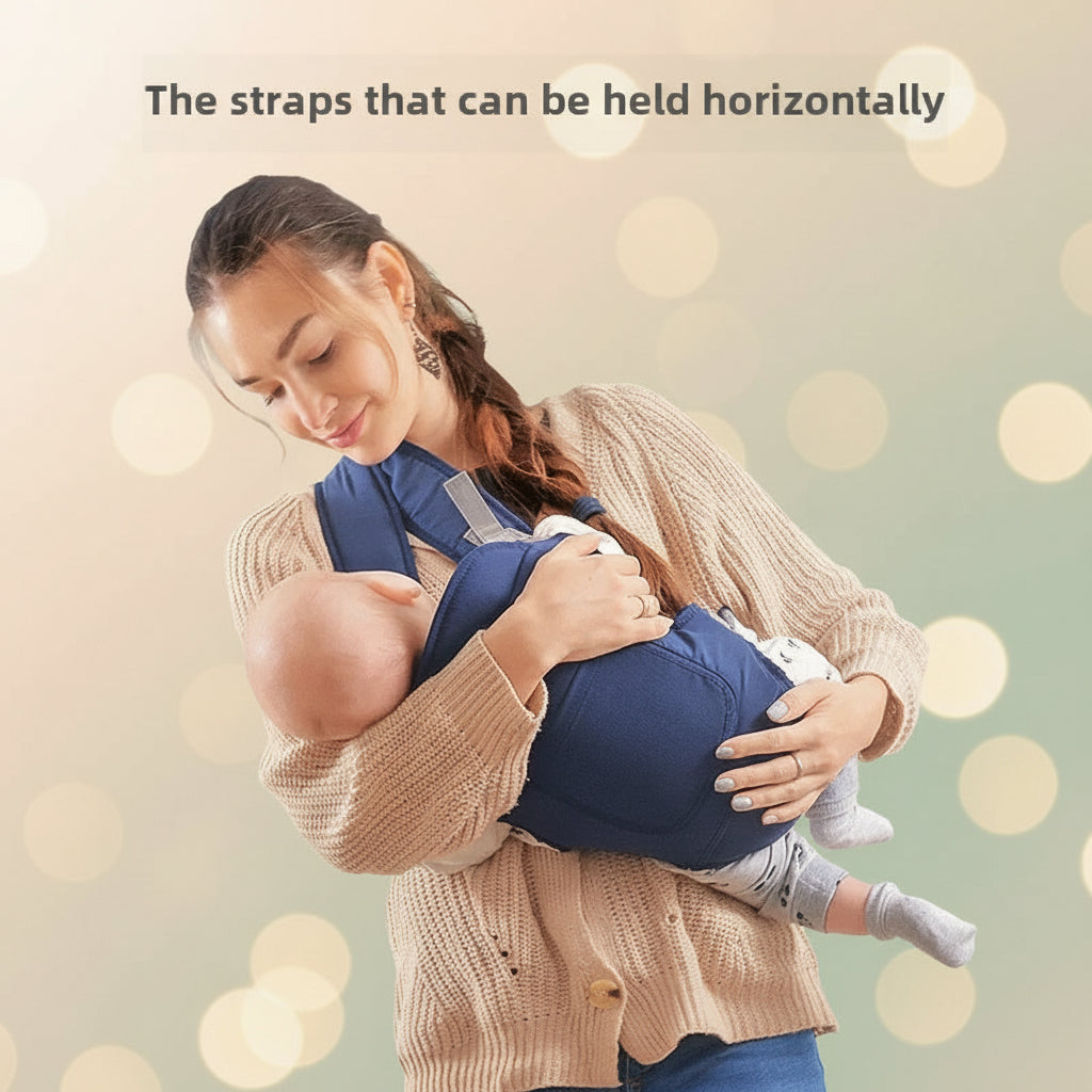 Woman holding a baby in a blue baby carrier with text 'The straps that can be held horizontally'.