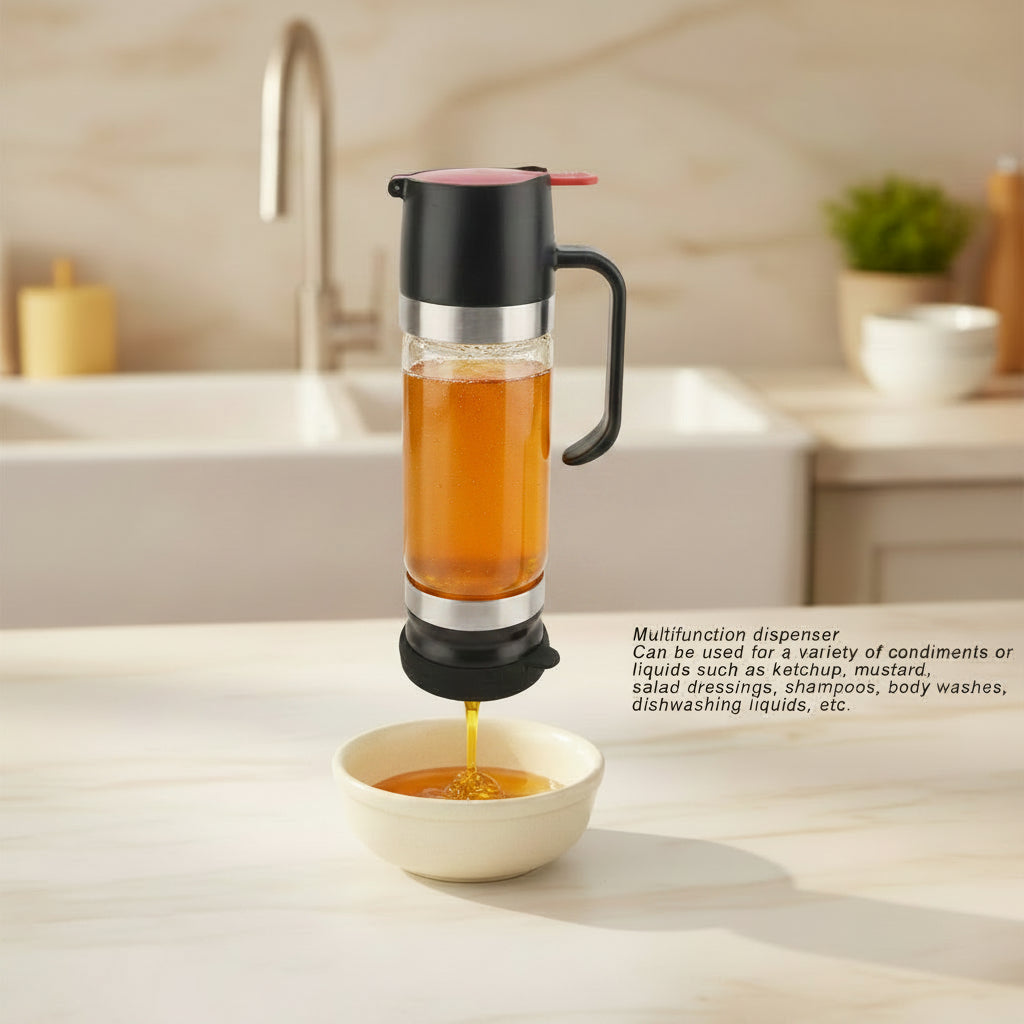 Multifunctional dispenser dispensing orange liquid onto a white surface with text description.