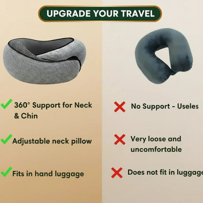 Comparison of two travel neck pillows with text highlighting features and drawbacks.