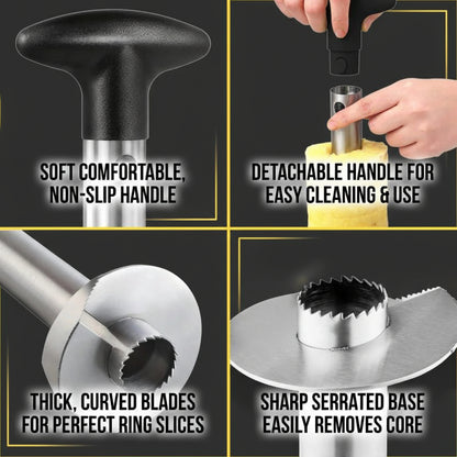 Product features including soft handle, detachable handle, curved blades, and serrated base.