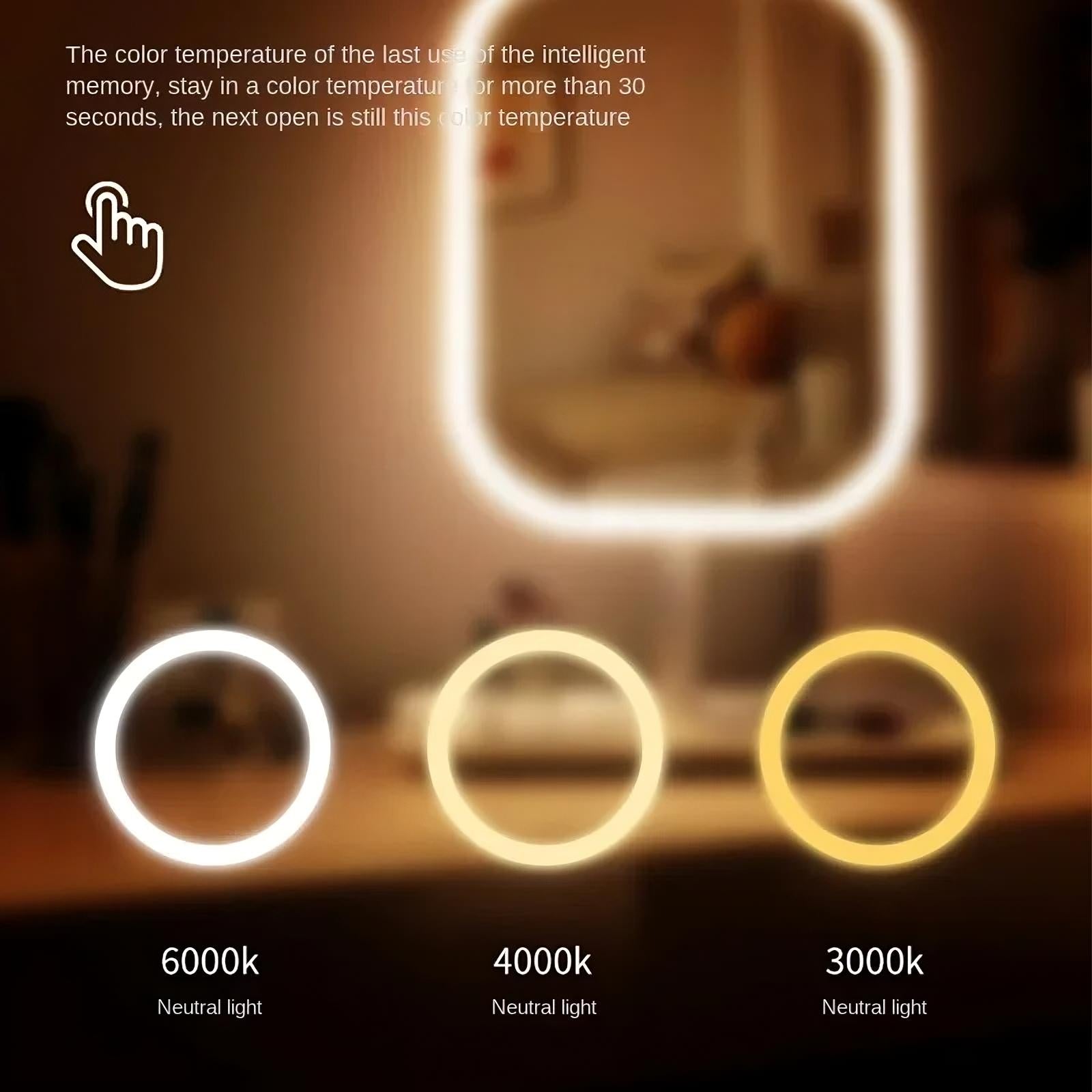 Lighting color temperature options displayed on a blurred background of a bathroom mirror.