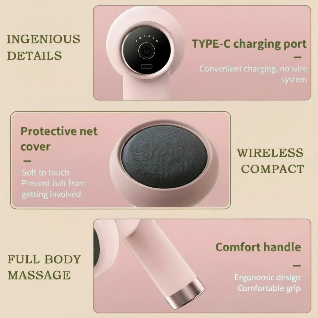 Product features with text on a beige background