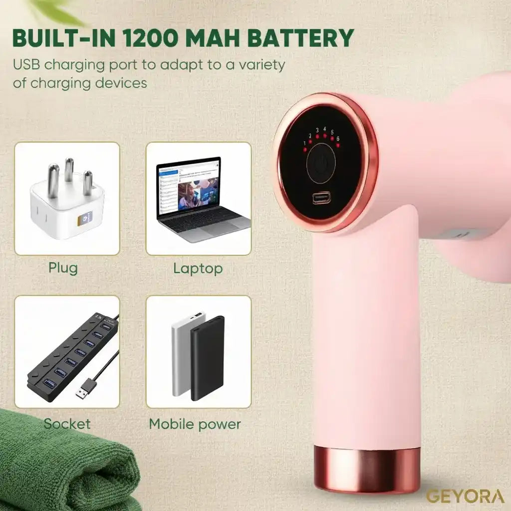 Pink and rose gold hair dryer with charging options on a beige background, featuring Geyora branding.