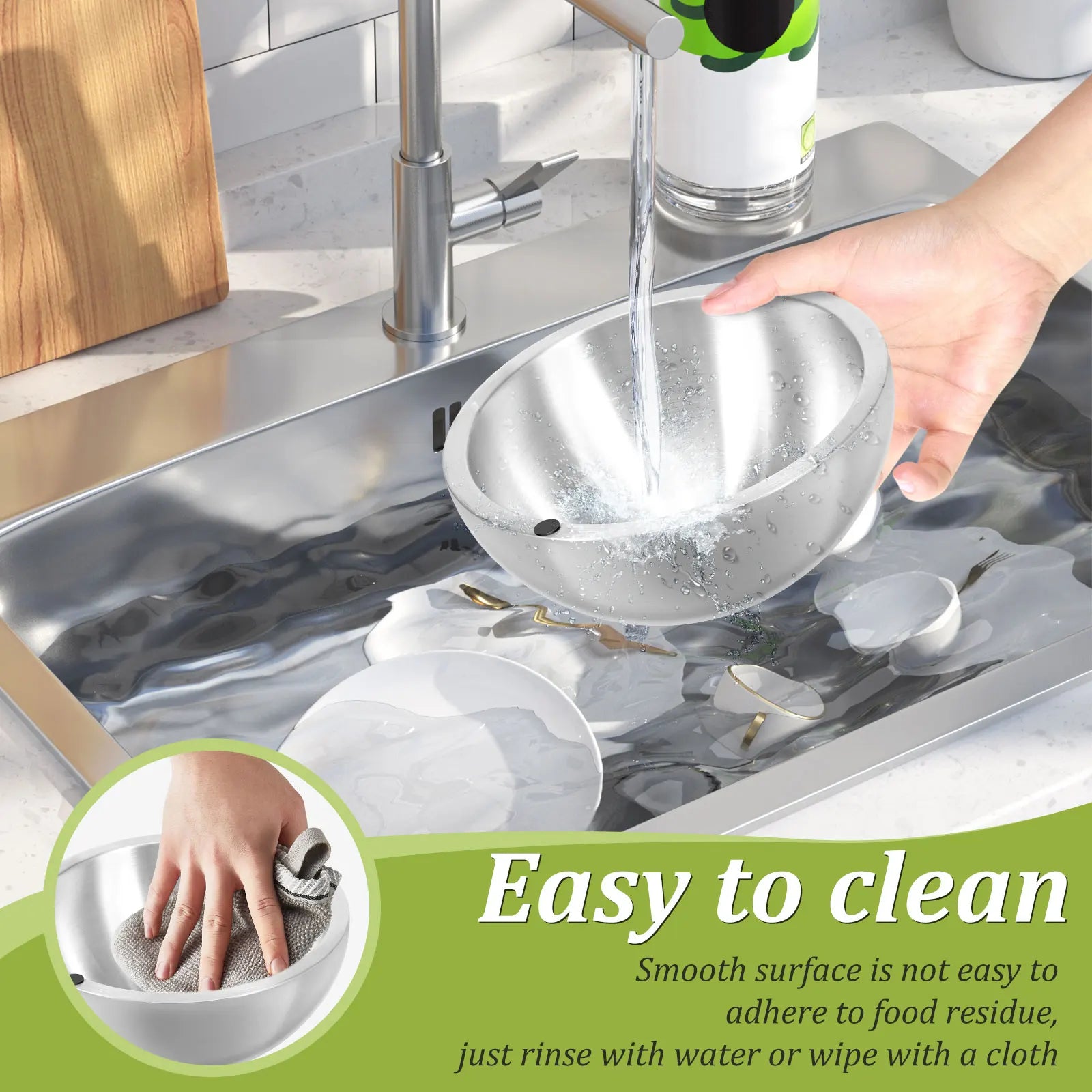 Person washing a metal bowl under running water in a kitchen sink with text 'Easy to clean' and 'Smooth surface is not easy to adhere to food residue.'.