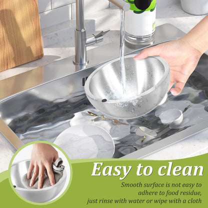 Person washing a metal bowl under running water in a kitchen sink with text 'Easy to clean' and 'Smooth surface is not easy to adhere to food residue.'.