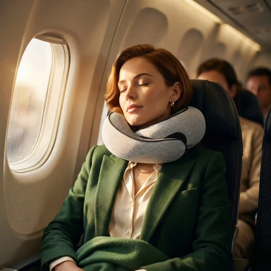 Woman using a neck pillow on an airplane