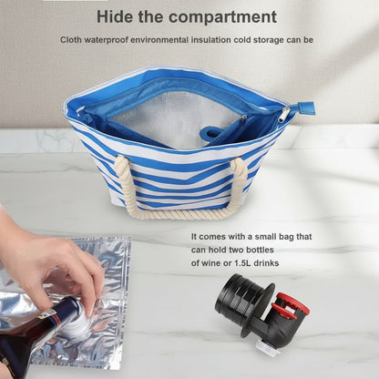 Blue and white striped cooler bag with a small bag for drinks, text on waterproof insulation and cold storage.