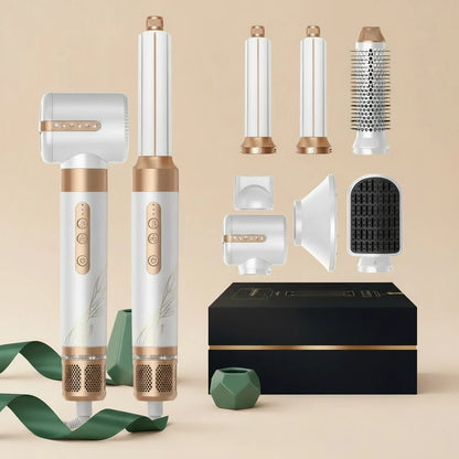 Hair styling tool set with attachments on a beige background