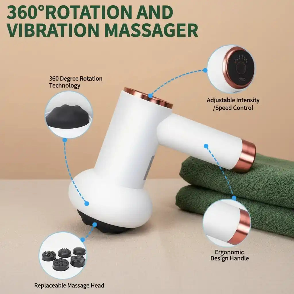 360-degree rotation and vibration massager with features highlighted on a beige background