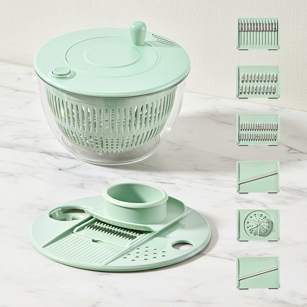 Mint green kitchen tool set with various attachments on a white background