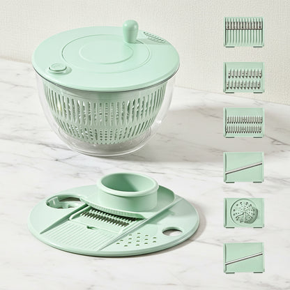 Mint green kitchen tool set with various attachments on a white background
