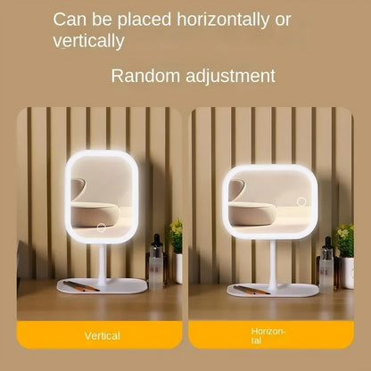 Two views of a lamp with text indicating it can be placed horizontally or vertically.