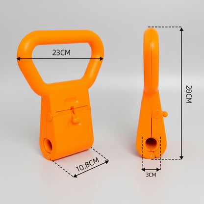 Orange plastic clip with dimensions indicated on a white background