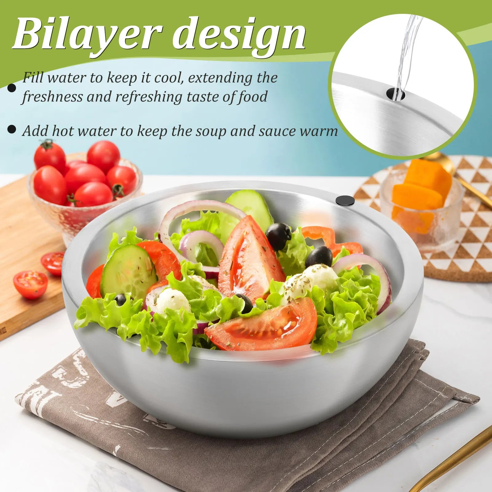 Bilayer design bowl with salad and tomatoes on a table