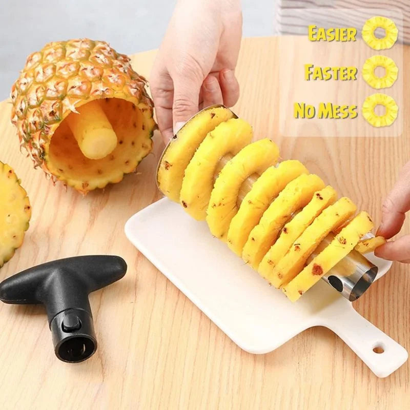 Pineapple being sliced with a pineapple slicer on a wooden cutting board.