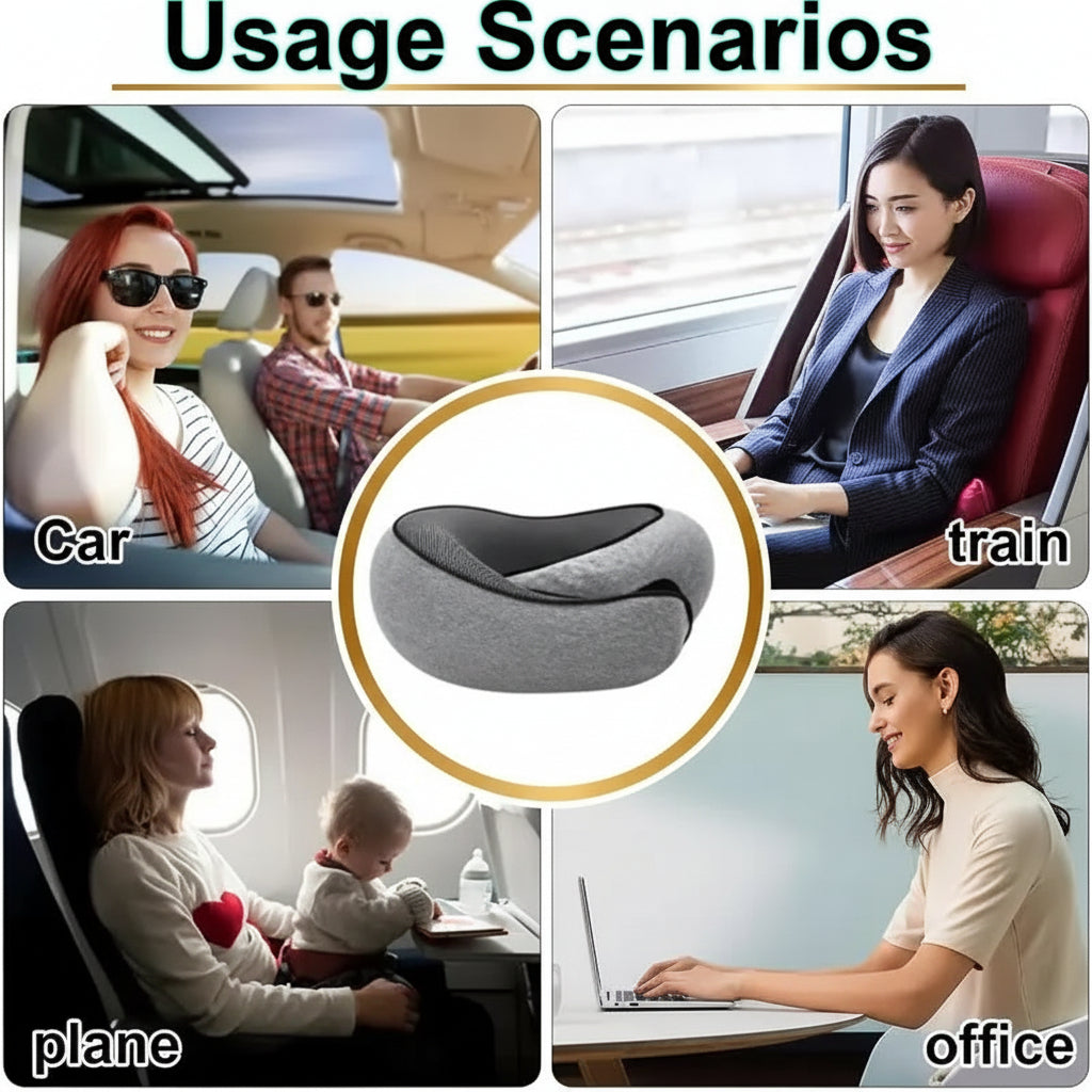 Collage of usage scenarios for a travel pillow including car, train, plane, and office.