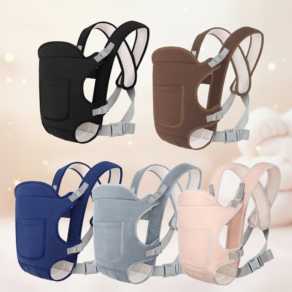 Collection of baby carriers in various colors on a white background